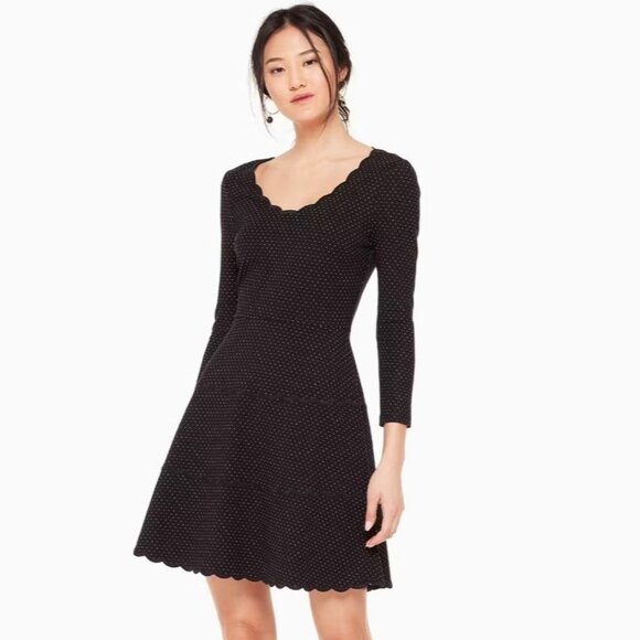 Kate Spade NY Polka Dot Scallop Trim Fit and Flare Dress Mini Black White 8 - Picture 1 of 16